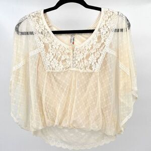 Free‎ People Lace Blouson Top Womens XS Cream Lined Short Sleeves Boho Romantic